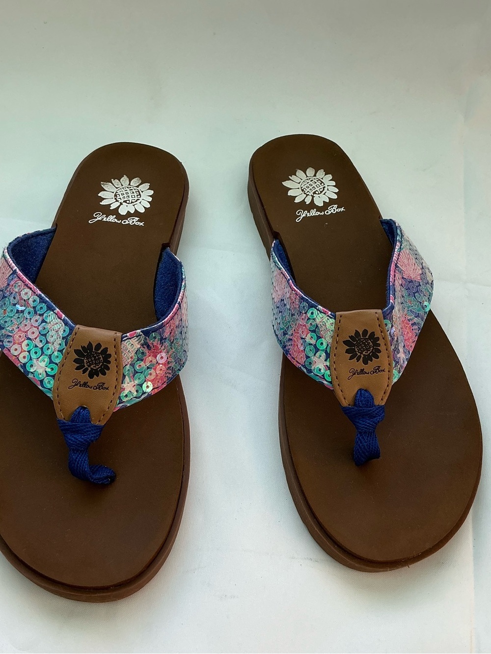 Yellow Box Women's Sequin Multicolor Slip-On Summer Sandals - Blue/Brown SZ 8